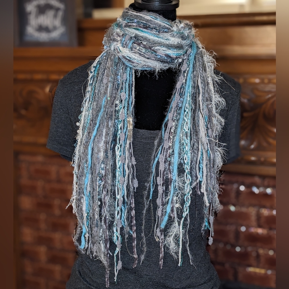 SOLD Fringe Scarf Blue Aqua Turquoise Silver Gray White Boho Vibes New - Picture 5 of 5